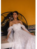 Off Shoulder Beaded Ivory Lace Tulle Shiny Wedding Dress